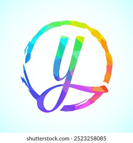 Low poly alphabet Y, Hand drawn letter in a brush circle on white background