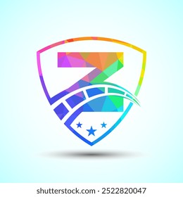 Low poly alphabet Z with speedometer and shield sign. The automotive logo design concept