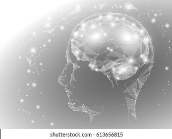 Low poly anatomical human brain in head. Male profile side view. Innovation technology creative ideas mind concept vector illutration