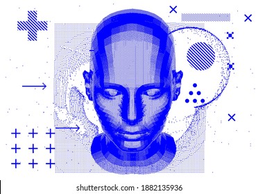 Low poly android head made of pixels and particles. Artificial Intelligence, Neural network and futuristic technology concept.  