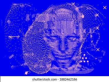 Low poly android head made of pixels and particles. Artificial Intelligence, Neural network and futuristic technology concept.  