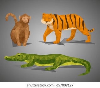 Low poly animal tropic compilation. Vector illustration set in polygonal style. Monkey, tiger and crocodile on gray background.