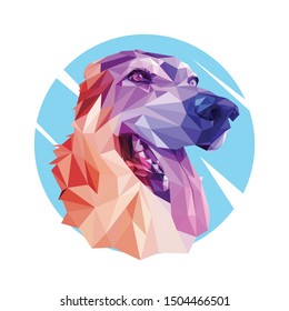 Low poly animal vector of a dog, with blue and red color effect, seen from the left direction.