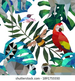 Low poly animals and leaves in minimalistic style on light background. Polygonal vector illustration. Decorative element for any purpose. Vector design element. Seamless vector pattern