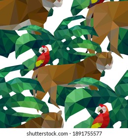 Low poly animals and leaves in minimalistic style on light background. Polygonal vector illustration. Decorative element for any purpose. Vector design element. Seamless vector pattern