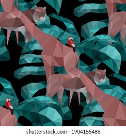 Low poly animals and leaves in minimalistic style on light background. Polygonal vector illustration. Decorative element for any purpose. Vector design element. Seamless vector pattern