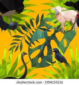 Low poly animals and leaves in minimalistic style on light background. Polygonal vector illustration. Decorative element for any purpose. Vector design element. Seamless vector pattern