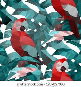 Low poly animals and leaves in minimalistic style on light background. Polygonal vector illustration. Decorative element for any purpose. Vector design element for textile. Seamless vector pattern