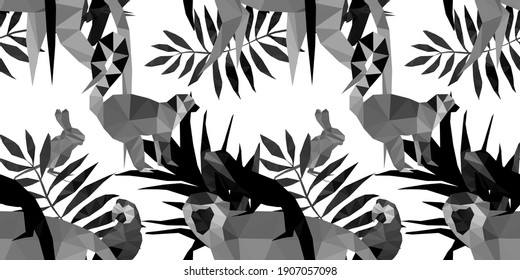 Low poly animals and leaves in minimalistic style on light background. Polygonal vector illustration. Decorative element for any purpose. Vector design element for textile. Seamless vector pattern