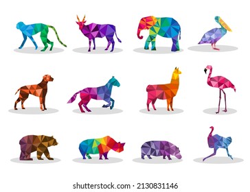 Silhouettes de animales de polos bajos de la forma triangular geométrica animales coloridos zoológico origami imágenes vectores ilustración de ave de león mono forma vector poligonal.