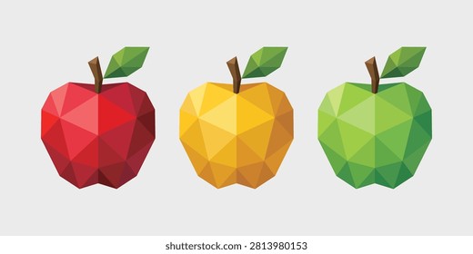 Low Poly Apple Collection Vector Illustration – Red Apple, Yellow Apple and Green Apple Geometric Polygon Fruit Set