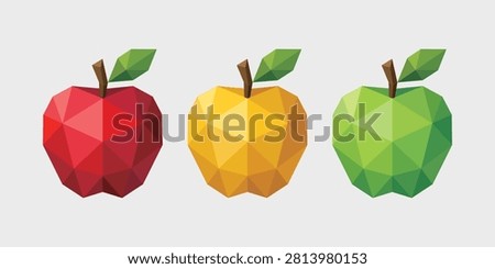 Low Poly Apple Collection Vector Illustration – Red Apple, Yellow Apple and Green Apple Geometric Polygon Fruit Set