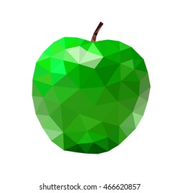Low poly apple icon. Green bright closeup sign isolated on white background. Symbol nature, summer fresh and healthy food, health. Creative fruit. Triangular polygonal shape object Vector illustration
