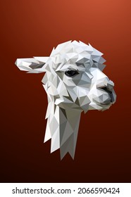 Low poly art of an alpaca head in high details. Vector animal triangle geometric illustration. Abstract polygonal art. With brown color background.