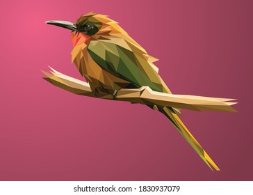 Low poly art of a bee-eater in high details. Vector animal triangle geometric illustration. Abstract polygonal art. With red gradient color background.