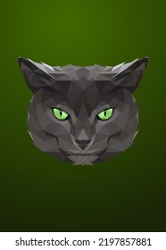 Low poly art of a cat face in high details. Vector animal triangle geometric illustration. Abstract polygonal art with green color background.