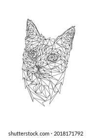 Low poly art of a cat head in black color wireframe. Vector animal triangle geometric illustration. Abstract polygonal art. With white color background.