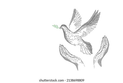 Low poly art dove of peace. World Day pigeon hope emblem against military conflict violence poster drawing sketch. National bird stop no war vector illustration