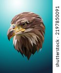 Low poly art of an eagle in high details. Vector animal triangle geometric illustration. Abstract polygonal art. With blue color background.