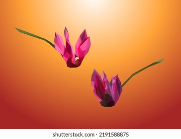 Arte de flores de popa baja en detalles. Ilustración geométrica del triángulo de flor vectorial. Resumen de arte poligonal. Con fondo de color naranja.
