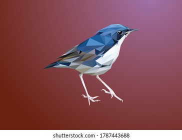 Low poly art of flycatcher in high details. Vector bird triangle geometric illustration. Abstract polygonal art. With maroon gradient color background.