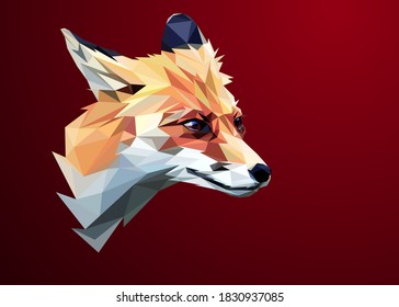 Low poly art of a fox head in high details. Vector animal triangle geometric illustration. Abstract polygonal art. With red gradient color background.