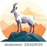 Low poly art of goat and mountain, vector illustration, geometric style
