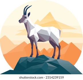 Low poly art of goat and mountain, vector illustration, geometric style