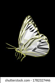 Low poly art of a greyscale butterfly with yellow color wireframe. Vector insect triangle geometric illustration. Abstract polygonal art. With black color background.