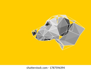 Low-Poly-Kunst eines Grauhundes mit halb weißem Wireframe. Geometrische Vektorgrafik des Tierdreiecks. Abstrakte polygonale Kunst. Mit gelbem Hintergrund.