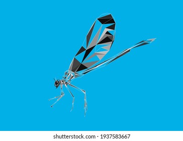 Low poly art of a greyscale dragonfly with half-filled white wireframe. Vector bug triangle geometric illustration. Abstract polygonal art. With blue color background.