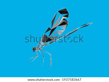 Low poly art of a greyscale dragonfly with half-filled white wireframe. Vector bug triangle geometric illustration. Abstract polygonal art. With blue color background.