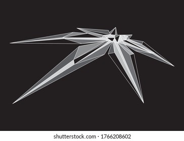 Low poly art of a greyscale japonica leaf with white color wireframe. Vector plant triangle geometric illustration. Abstract polygonal art. With black color background.