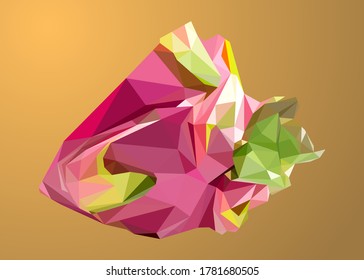 Low poly art of a half dragon fruit in high details. Vector fruit triangle geometric illustration. Abstract polygonal art. With orange gradient color background.