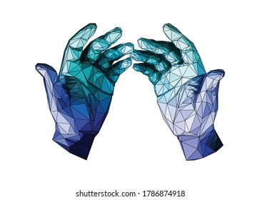 Low poly art of hands in blue color effect with black color wireframe. Vector body parts triangle geometric illustration. Abstract polygonal art. With white background.

