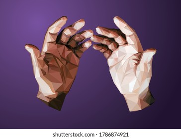 Low poly art hands in high details  Vector body parts triangle geometric illustration  Abstract polygonal art  With purple gradient color background 
