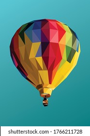 Low poly art of a hot air balloon in high details. Vector object triangle geometric illustration. Abstract polygonal art. With blue color gradient background.