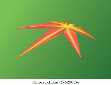 Low poly art of a japonica leaf in simple form. Vector plant triangle geometric illustration. Abstract polygonal art. With green color gradient background.