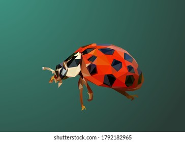 Low poly art of lady bug in high details. Vector bug triangle geometric illustration. Abstract polygonal art. With green gradient color background.