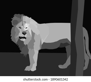 Low poly art of lion standing behind the tree in dark black and gray shade