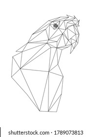 Low poly art of macaw in black color wireframe. Vector bird triangle geometric ilustration. Abstract polygonal art. With white color background.