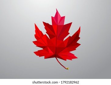 Low poly art maple leaf in simple form  Vector plant triangle geometric illustration  Abstract polygonal art  With grey gradient color background 