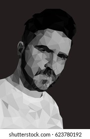 Low poly art, polygon art. Portrait man black and whine.