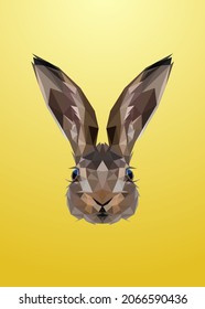 Low poly art of a rabbit head in high details. Vector animal triangle geometric illustration. Abstract polygonal art. With yellow color background.