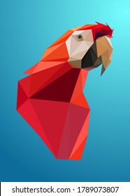 Low poly art of red macaw in simple form. Vector bird triangle geometric illustration. Abstract polygonal art. With blue gradient color background.