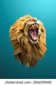 Low poly art of a roaring lion in high details. Vector animal triangle geometric illustration. Abstract polygonal art. With blue color background.