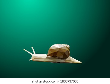 Low poly art of a snail in high details. Vector animal triangle geometric illustration. Abstract polygonal art. With green gradient color background.