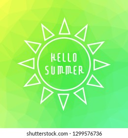 Low poly art summer background. Vector illustration with simple thin line sun icon.