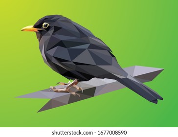 Low poly art vector of a black bird in high details. Animal triangle geometric illustration. Abstract polygonal art. With yellow-green gradient background. Ideal for illustration, posters or t-shirts.