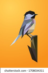 Low poly art vector of a black capped chickade bird in simple form. Animal triangle geometric illustration. Abstract polygonal art. With yellow-orange gradient background. 
